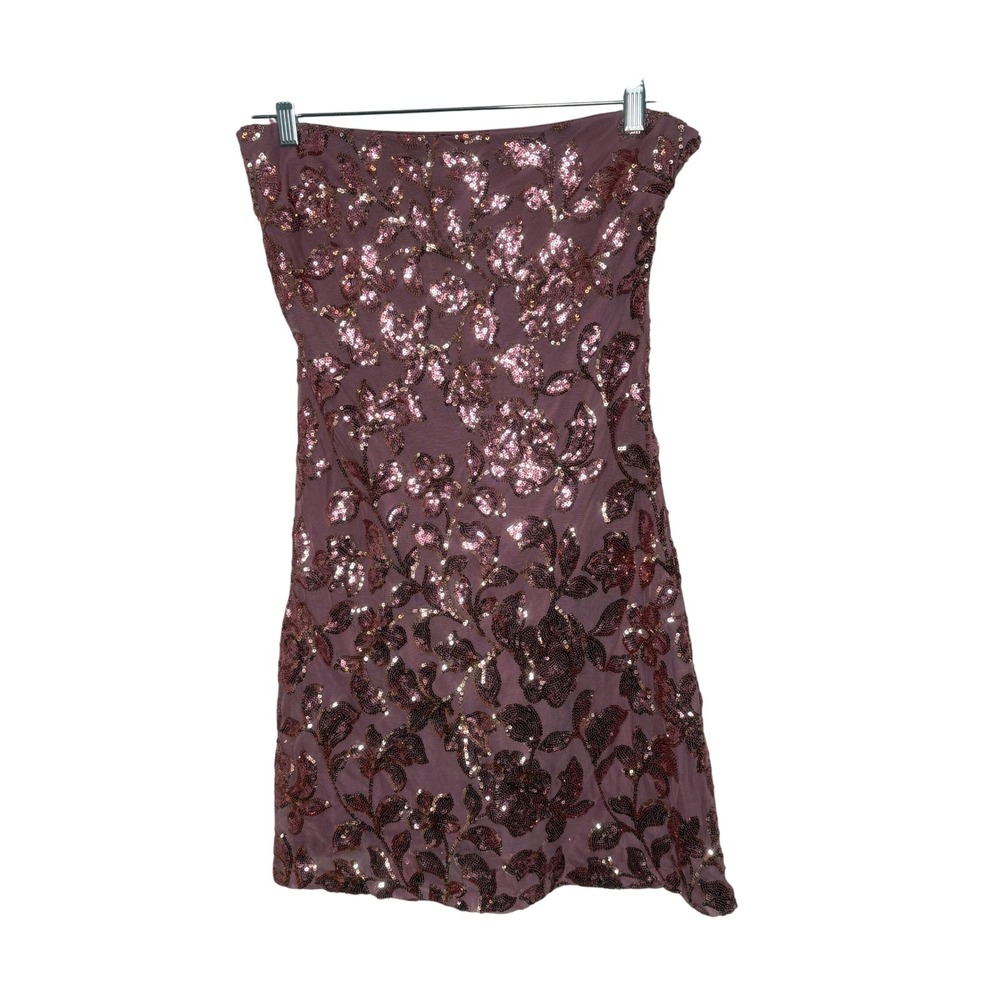 Windsor Rose Gold Sequin Strapless Cocktail Dress Mauve Floral Mini SzS - Picture 2 of 9